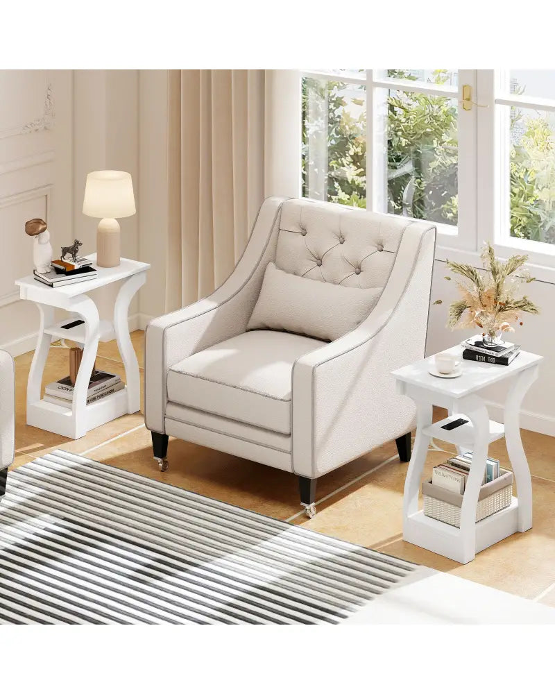 3-Tier End Tables with Charging Station Set of 2 with Open Storage Shelves-White - White - End & Side Tables