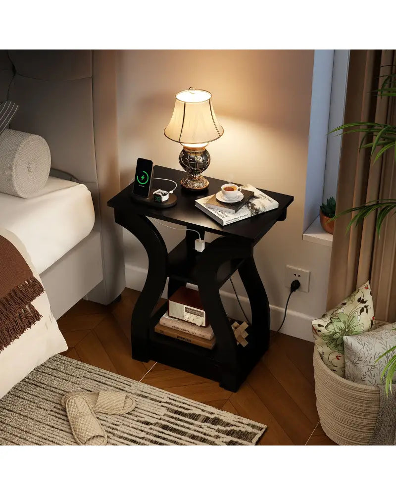 3-Tier End Tables with Charging Station Set of 2 with Open Storage Shelves-Black - Black - End & Side Tables