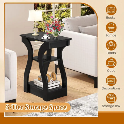 3-Tier End Tables with Charging Station Set of 2 with Open Storage Shelves-Black Costway