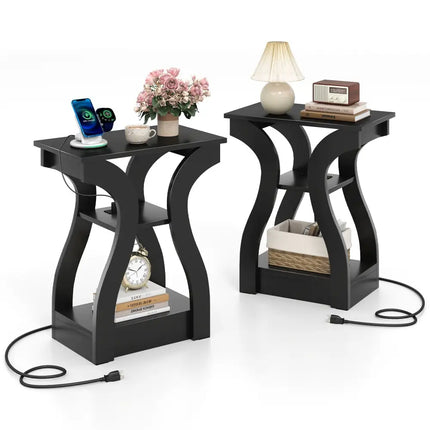 3-Tier End Tables with Charging Station Set of 2 with Open Storage Shelves-Black Costway