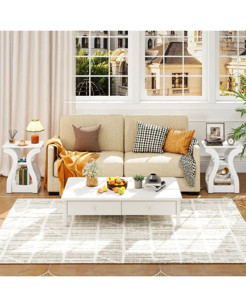 3-Tier End Tables with Charging Station Set of 2 with Open Storage Shelves-White - White - End & Side Tables