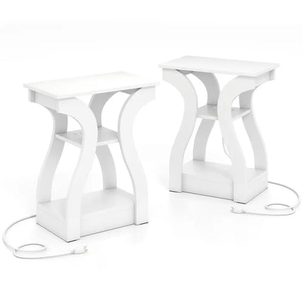 3-Tier End Tables with Charging Station Set of 2 with Open Storage Shelves-White Costway