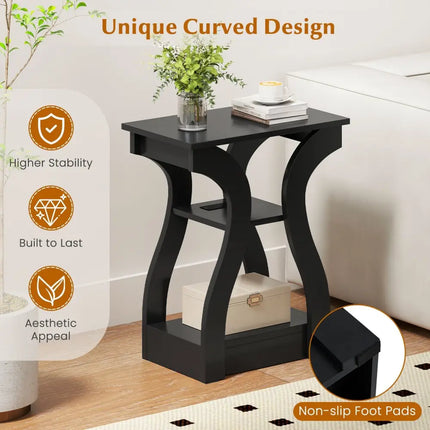 3-Tier End Tables with Charging Station Set of 2 with Open Storage Shelves-Black Costway