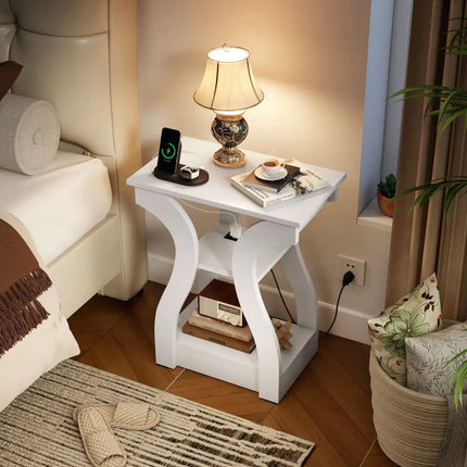 3-Tier End Tables with Charging Station Set of 2 with Open Storage Shelves-White Costway