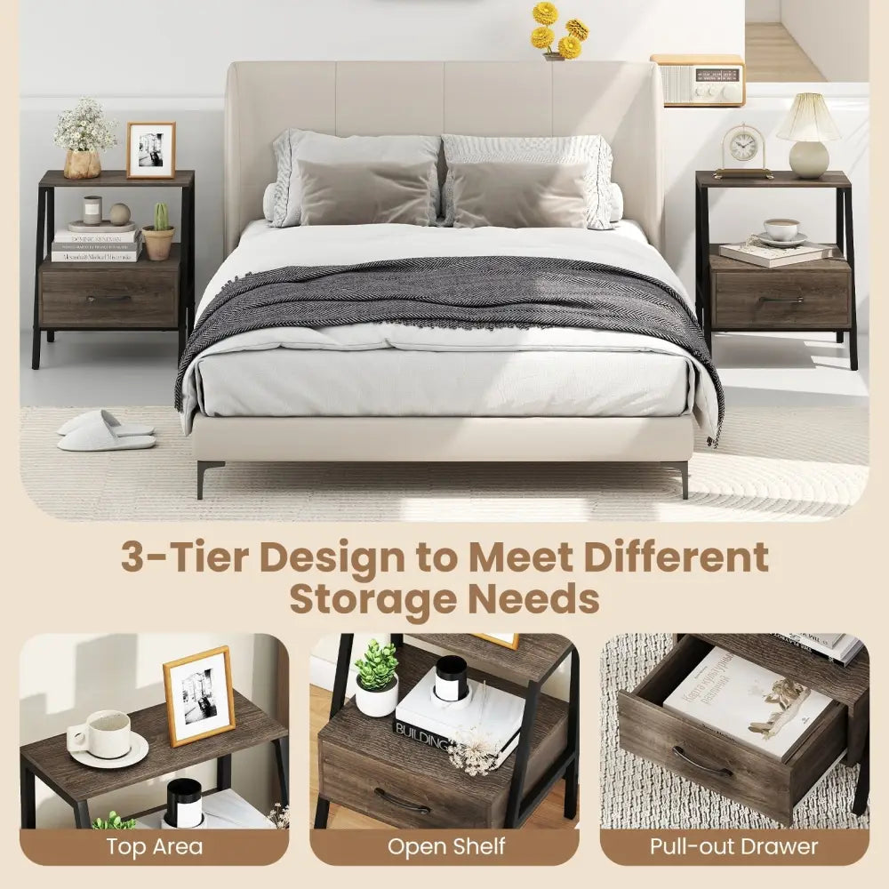 3-Tier Farmhouse Nightstand with Open Shelf Costway