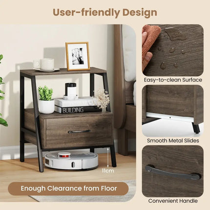 3-Tier Farmhouse Nightstand with Open Shelf Costway