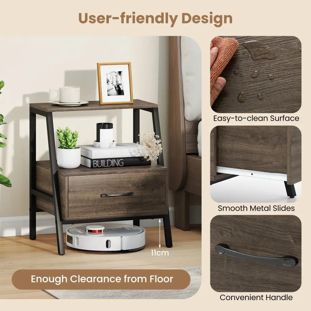 3-Tier Farmhouse Nightstand with Open Shelf Costway