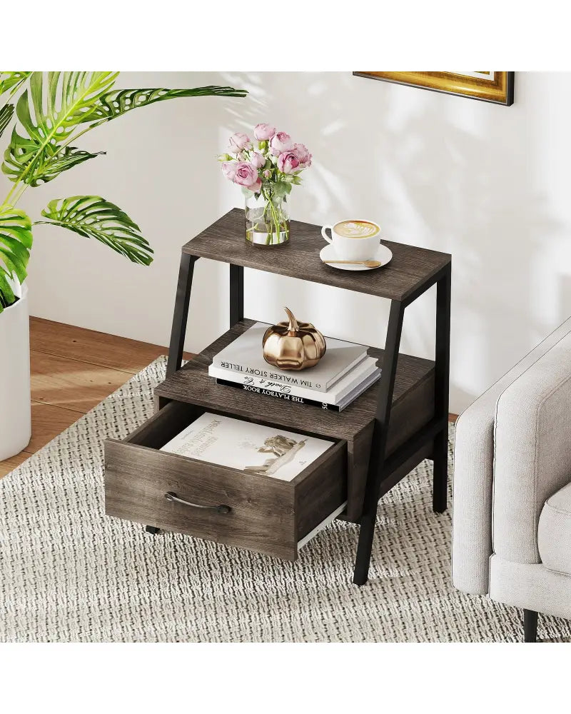 3-Tier Farmhouse Nightstand with Open Shelf - Gray - Nightstands