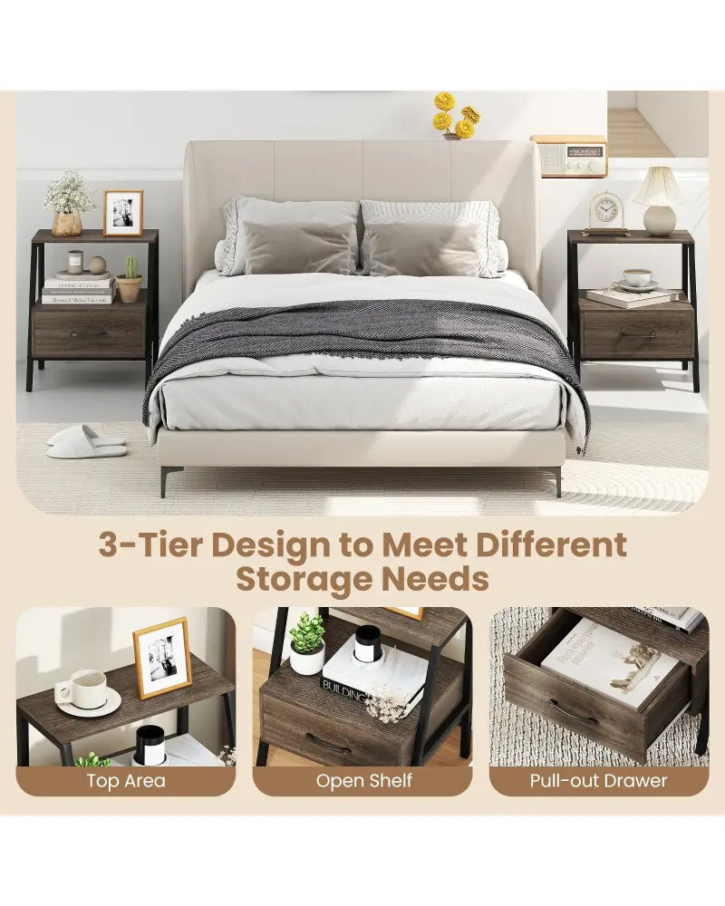 3-Tier Farmhouse Nightstand with Open Shelf - Gray - Nightstands