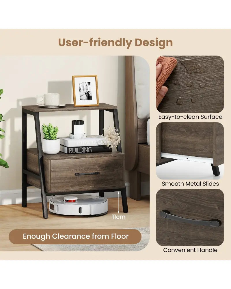 3-Tier Farmhouse Nightstand with Open Shelf - Gray - Nightstands