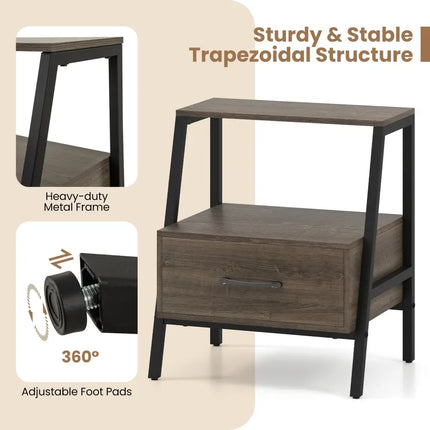 3-Tier Farmhouse Nightstand with Open Shelf Costway