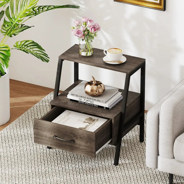 3-Tier Farmhouse Nightstand with Open Shelf Costway