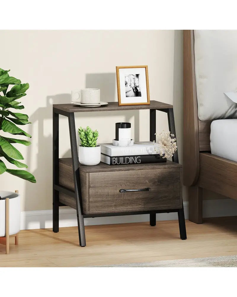 3-Tier Farmhouse Nightstand with Open Shelf - Gray - Nightstands