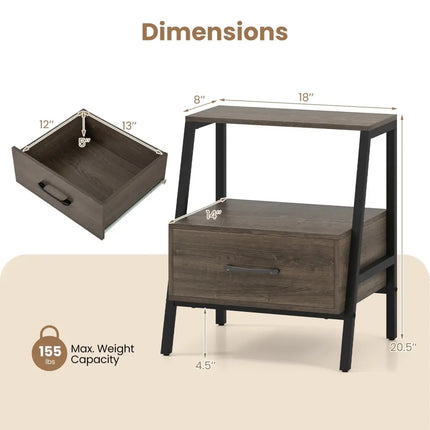 3-Tier Farmhouse Nightstand with Open Shelf Costway
