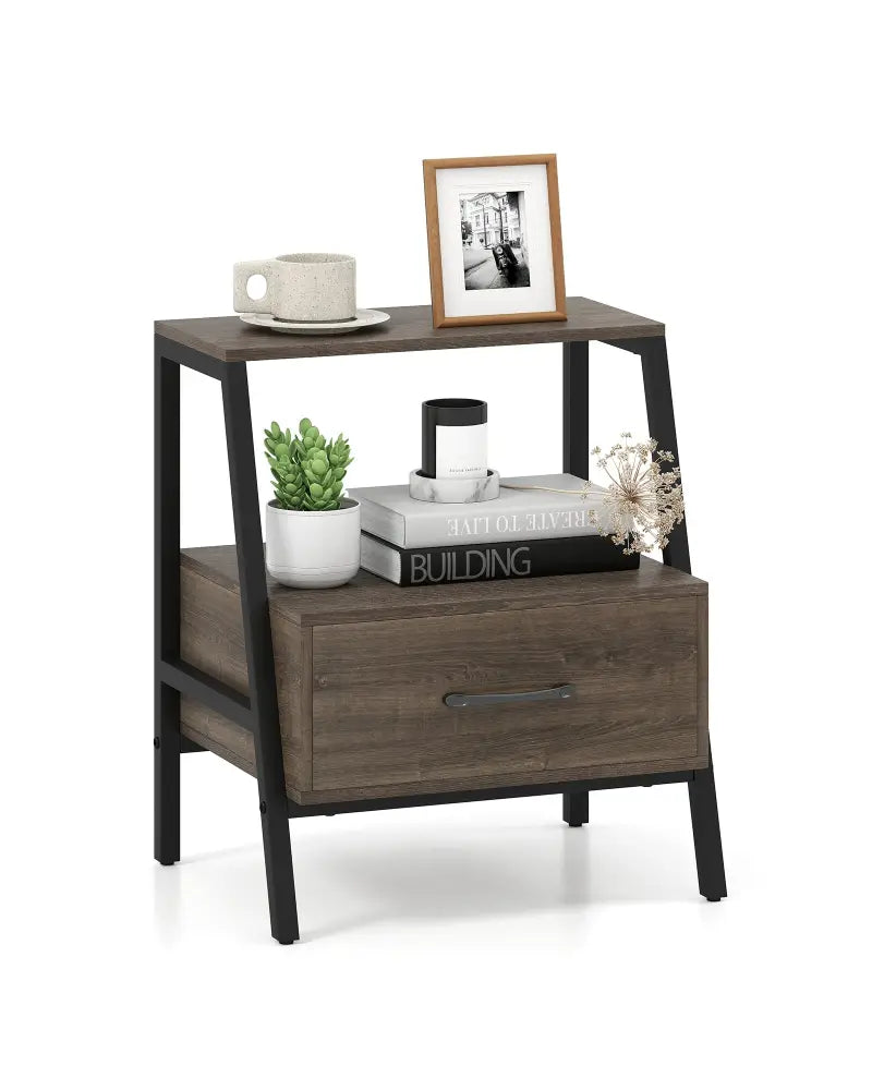 3-Tier Farmhouse Nightstand with Open Shelf - Gray - Nightstands