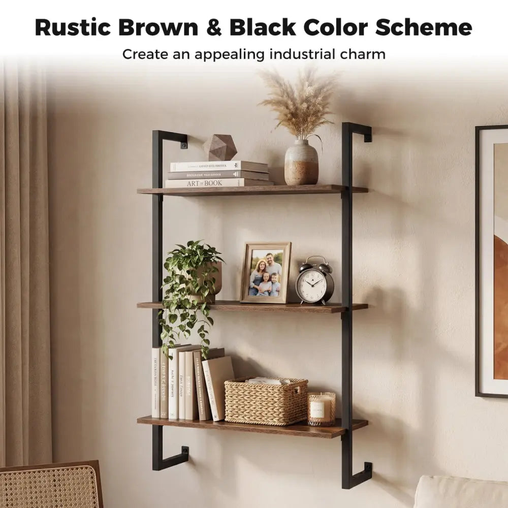 3-Tier Floating Modern Kitchen Shelf for Living Room Home Office and Bathroom-Rustic Brown - Rustic Brown - Bookcases