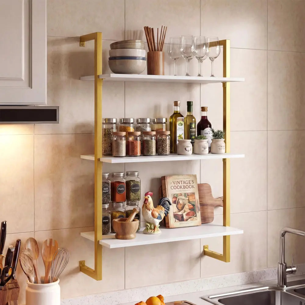 3-Tier Floating Modern Kitchen Shelf for Living Room Home Office and Bathroom-White - White - Bookcases