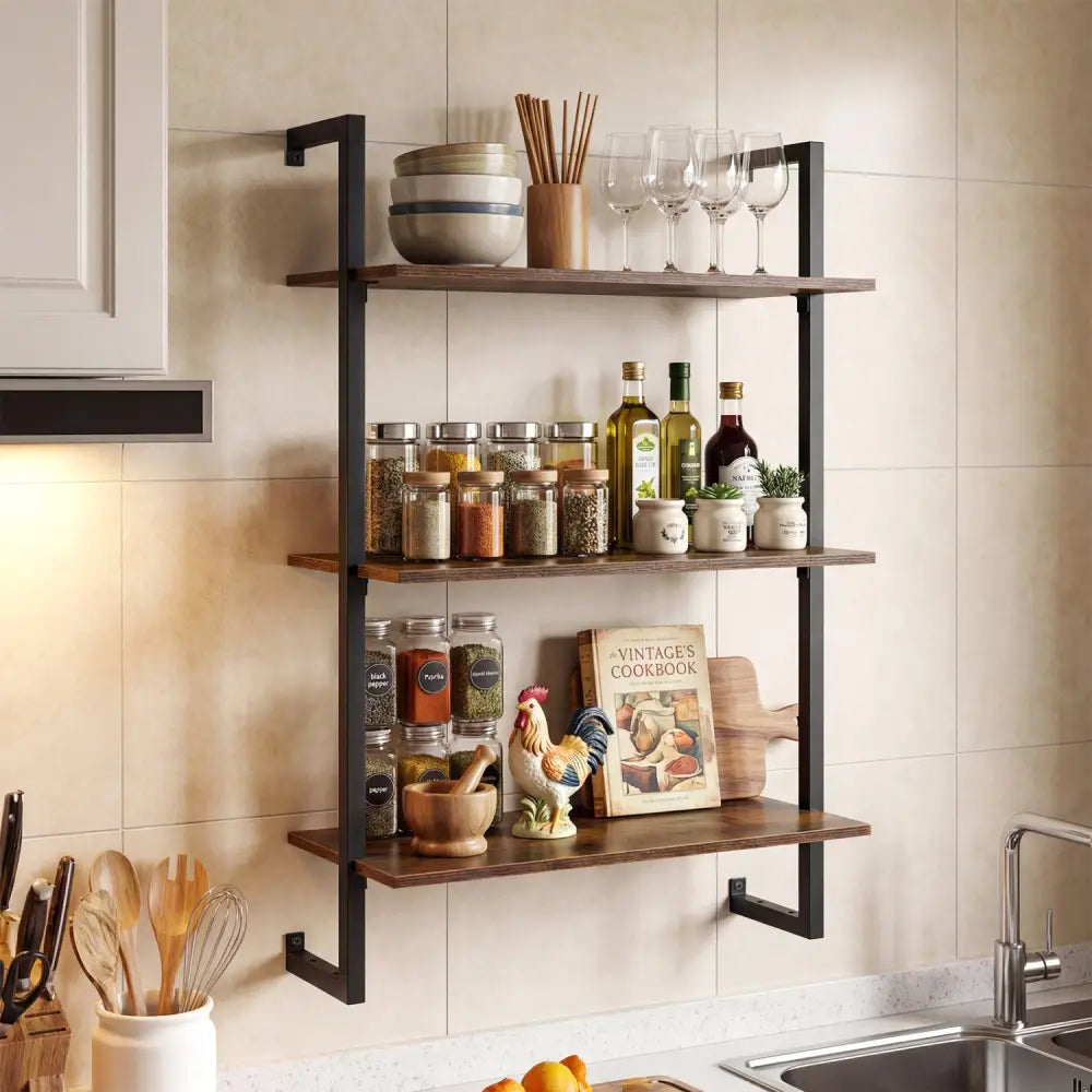 3-Tier Floating Modern Kitchen Shelf for Living Room Home Office and Bathroom-Rustic Brown - Rustic Brown - Bookcases