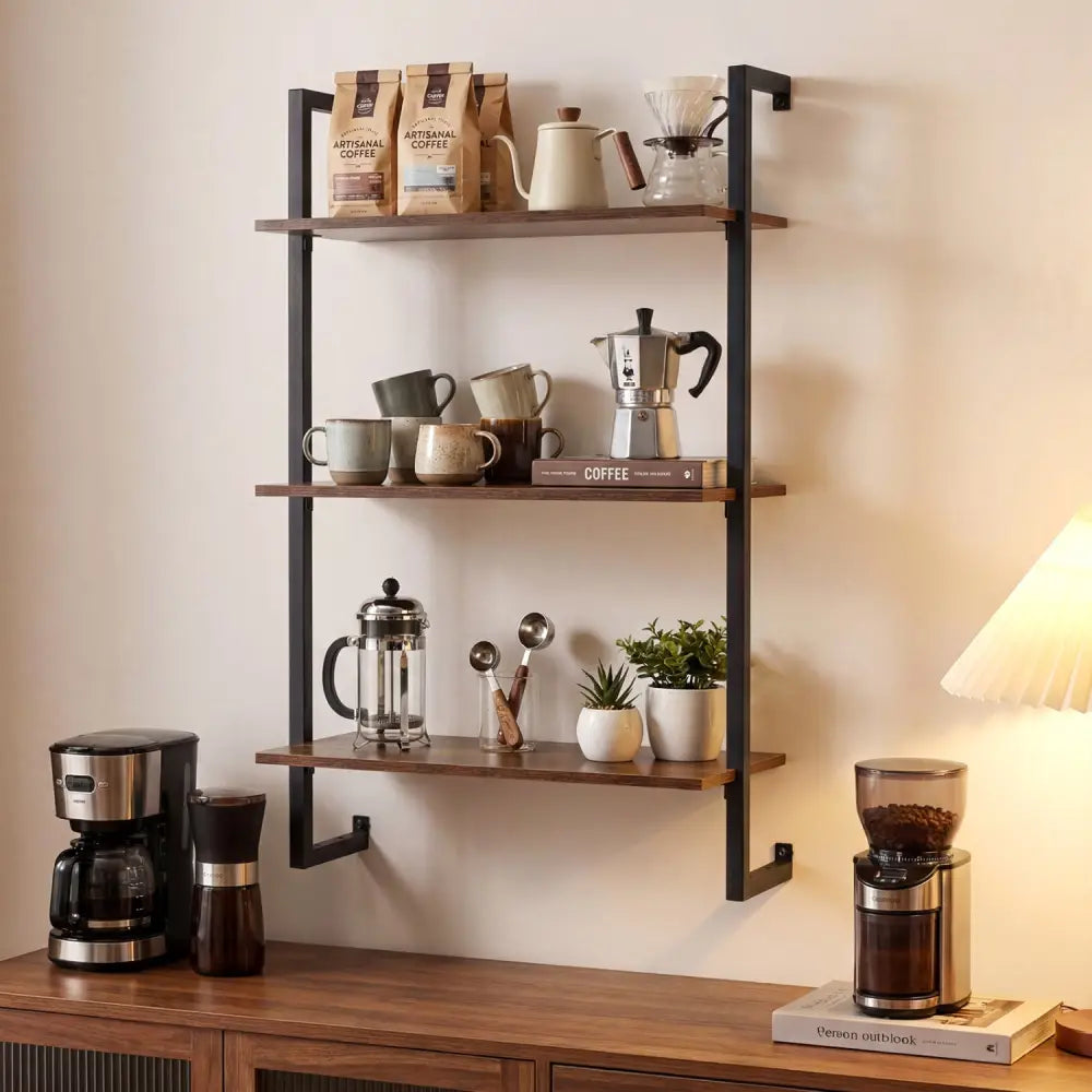 3-Tier Floating Modern Kitchen Shelf for Living Room Home Office and Bathroom-Rustic Brown - Rustic Brown - Bookcases