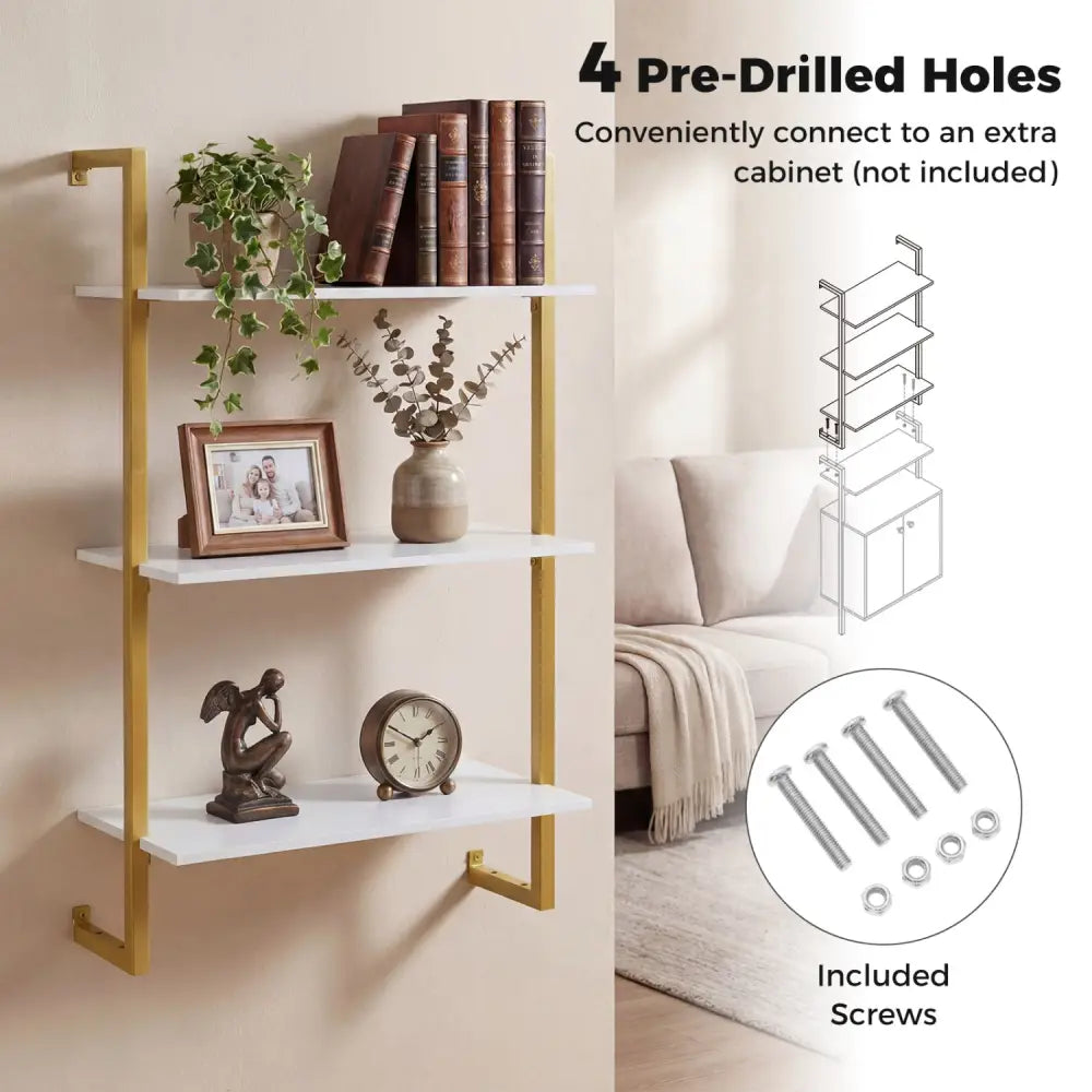 3-Tier Floating Modern Kitchen Shelf for Living Room Home Office and Bathroom-White - White - Bookcases