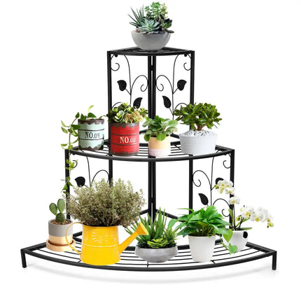 3 Tier Floral Corner Metal Plant Pot Rack - Black - Plant Stands