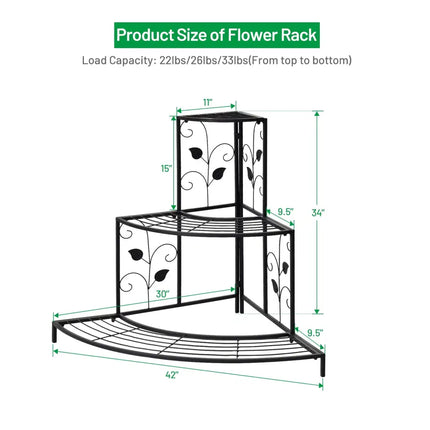 3 Tier Floral Corner Metal Plant Pot Rack - Black - Plant Stands