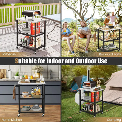 3-Tier Foldable Outdoor Stainless Steel Food Prepare Dining Cart Table on Wheels-Black - Black - Outdoor Grills