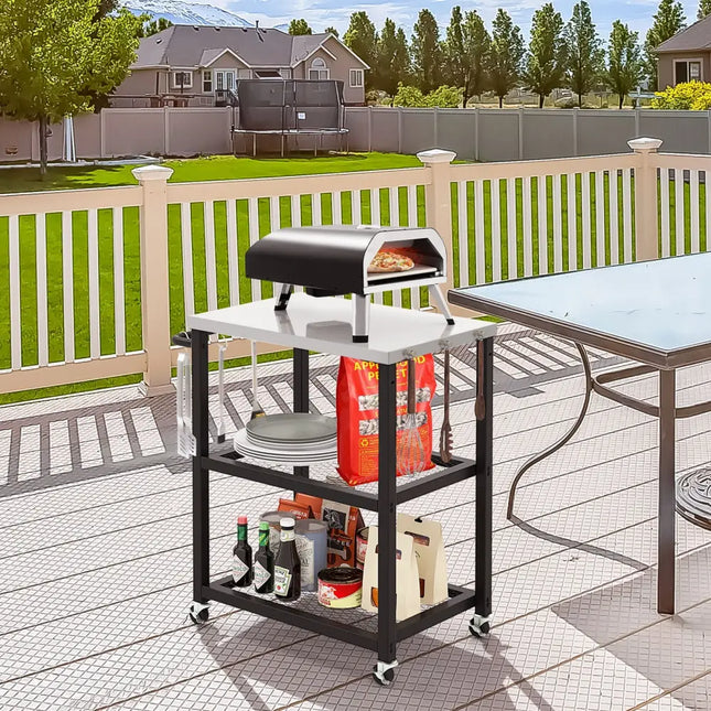 3-Tier Foldable Outdoor Stainless Steel Food Prepare Dining Cart Table on Wheels-Black - Black - Outdoor Grills