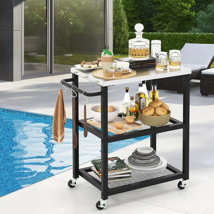 3-Tier Foldable Outdoor Stainless Steel Food Prepare Dining Cart Table on Wheels-Black - Black - Outdoor Grills