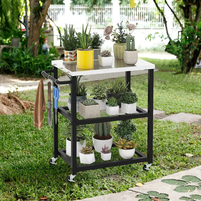3-Tier Foldable Outdoor Stainless Steel Food Prepare Dining Cart Table on Wheels-Black - Black - Outdoor Grills
