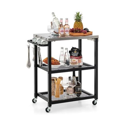 3-Tier Foldable Outdoor Stainless Steel Food Prepare Dining Cart Table on Wheels-Black - Black - Outdoor Grills