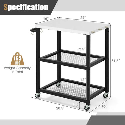 3-Tier Foldable Outdoor Stainless Steel Food Prepare Dining Cart Table on Wheels-Black - Black - Outdoor Grills