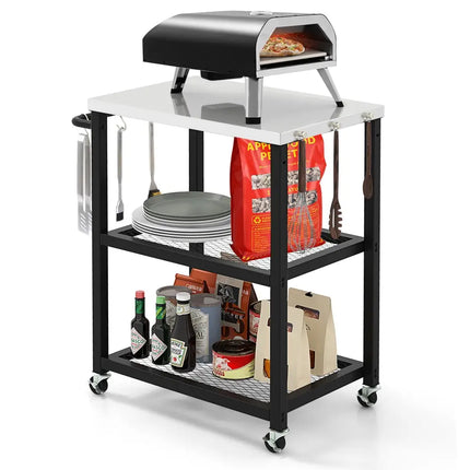3-Tier Foldable Outdoor Stainless Steel Food Prepare Dining Cart Table on Wheels-Black - Black - Outdoor Grills
