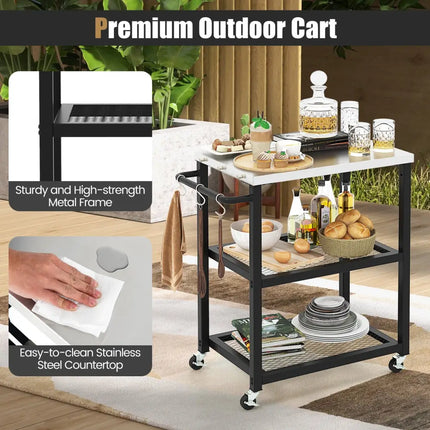 3-Tier Foldable Outdoor Stainless Steel Food Prepare Dining Cart Table on Wheels-Black - Black - Outdoor Grills