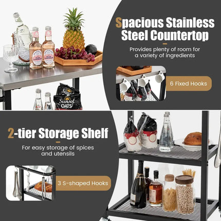 3-Tier Foldable Outdoor Stainless Steel Food Prepare Dining Cart Table on Wheels-Black - Black - Outdoor Grills