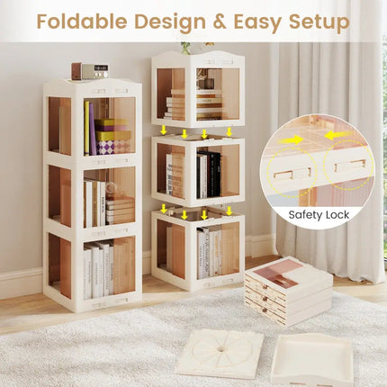 3-Tier Foldable Rotating Bookshelf with Swivel Base and Translucent Panels-White Costway