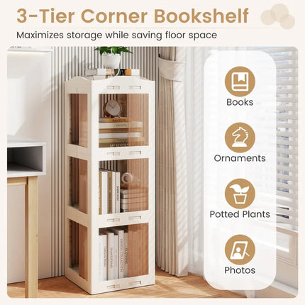3-Tier Foldable Rotating Bookshelf with Swivel Base and Translucent Panels-White Costway