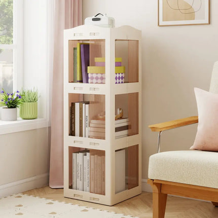 3-Tier Foldable Rotating Bookshelf with Swivel Base and Translucent Panels-White Costway