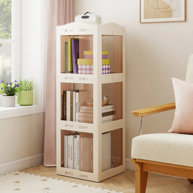 3-Tier Foldable Rotating Bookshelf with Swivel Base and Translucent Panels-White Costway