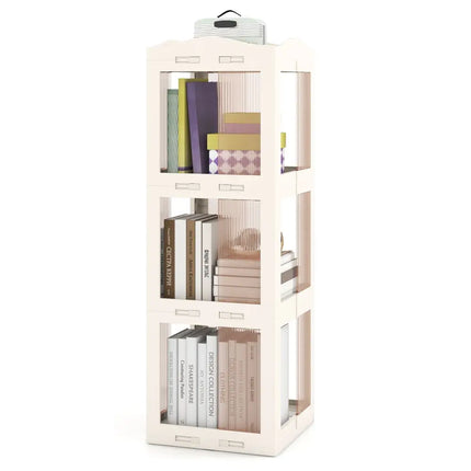 3-Tier Foldable Rotating Bookshelf with Swivel Base and Translucent Panels-White Costway