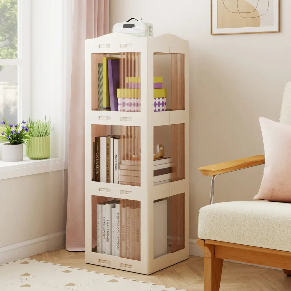 3-Tier Foldable Rotating Bookshelf with Swivel Base and Translucent Panels-White - White - Bookcases