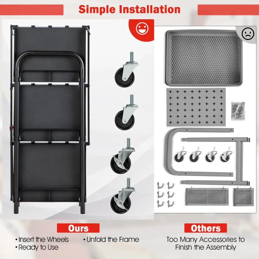3-Tier Folding Trolley Cart with Universal Wheels Heavy Duty for Warehouse-Black - Black - Garages