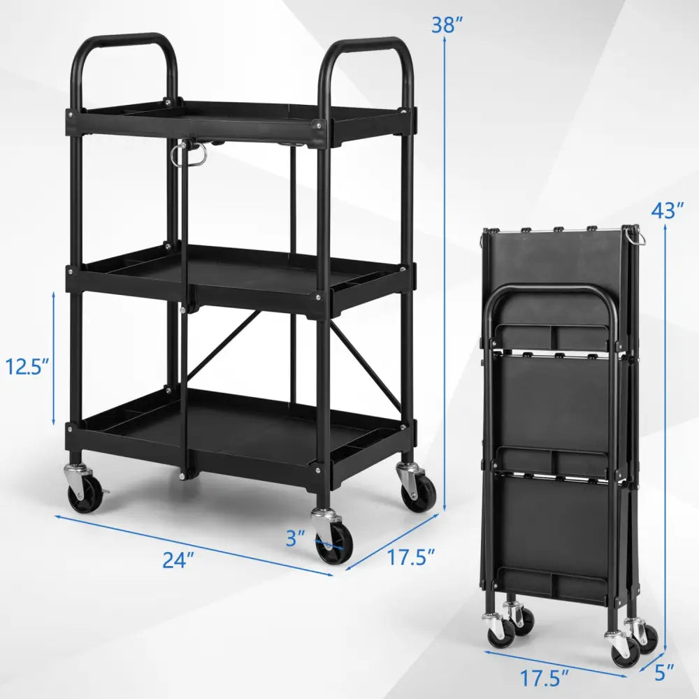 3-Tier Folding Trolley Cart with Universal Wheels Heavy Duty for Warehouse-Black - Black - Garages
