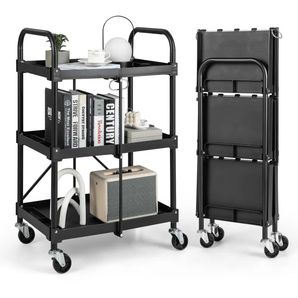 3-Tier Folding Trolley Cart with Universal Wheels Heavy Duty for Warehouse-Black - Black - Garages
