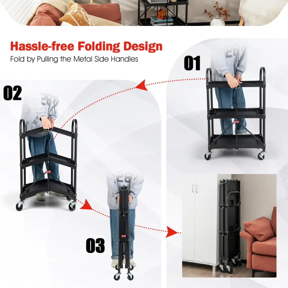 3-Tier Folding Trolley Cart with Universal Wheels Heavy Duty for Warehouse-Black - Black - Garages