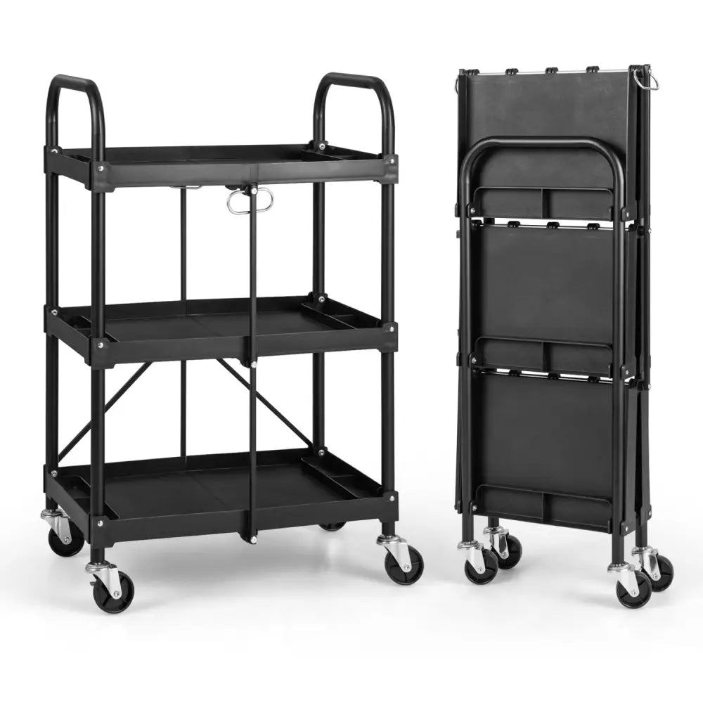 3-Tier Folding Trolley Cart with Universal Wheels Heavy Duty for Warehouse-Black - Black - Garages