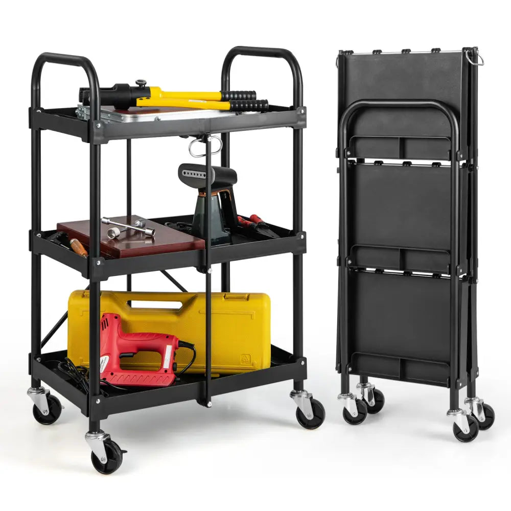 3-Tier Folding Trolley Cart with Universal Wheels Heavy Duty for Warehouse-Black - Black - Garages