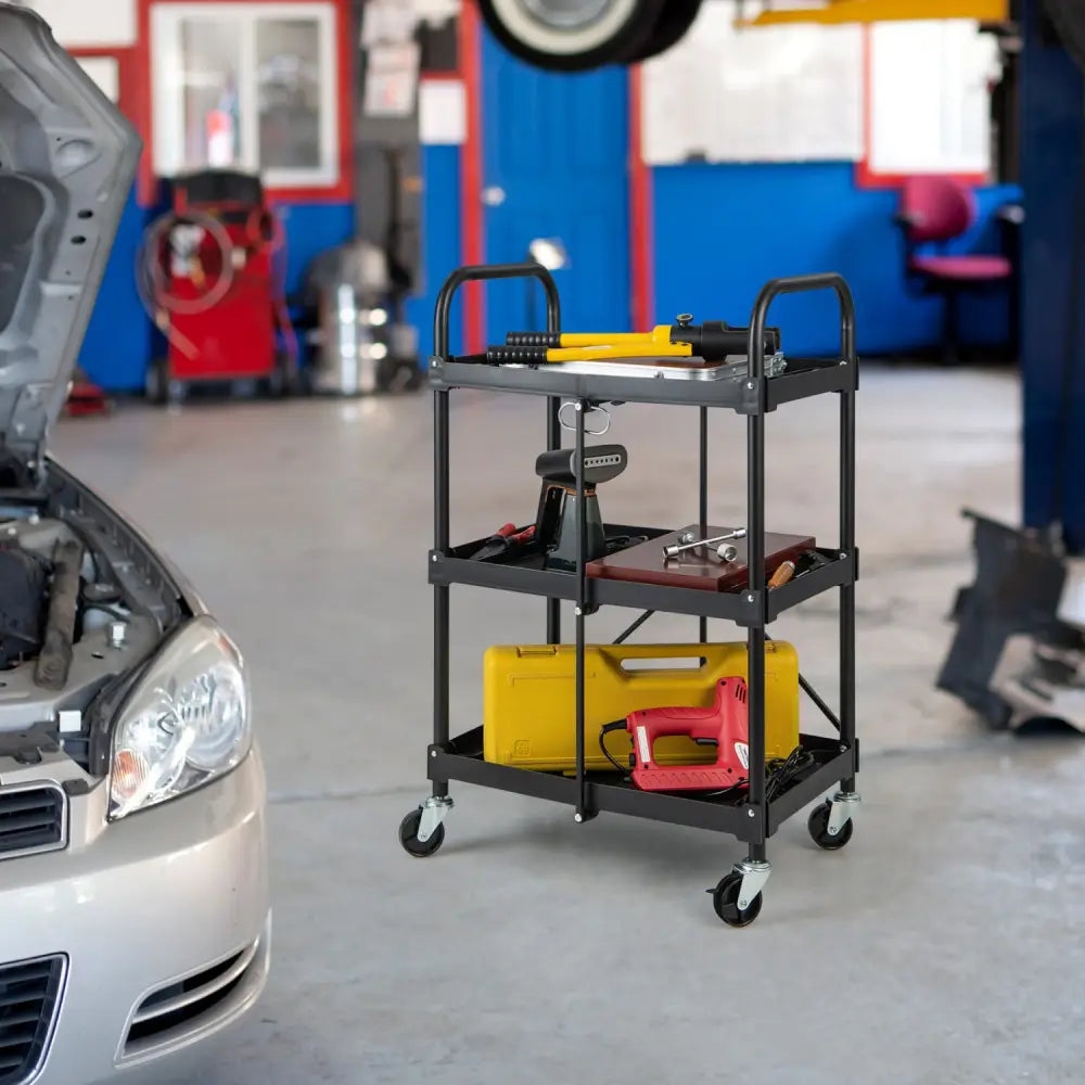 3-Tier Folding Trolley Cart with Universal Wheels Heavy Duty for Warehouse-Black - Black - Garages