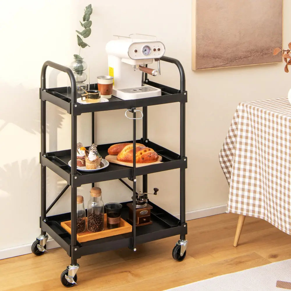 3-Tier Folding Trolley Cart with Universal Wheels Heavy Duty for Warehouse-Black - Black - Garages