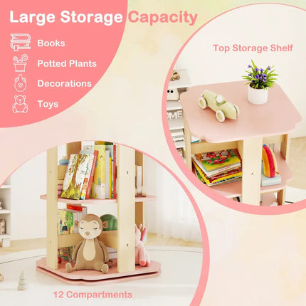 3-Tier Freestanding Corner Toddler Book Rack with 12 Sectors-Pink - Pink - Kids Storage